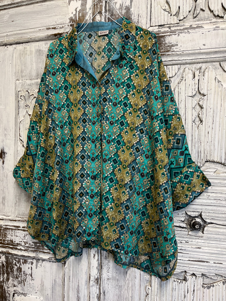 ikat desenli el işi süslemeli bluz