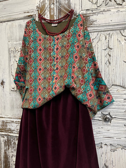 ikat desenli el işi süslemeli şık bluz