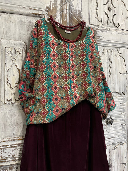 ikat desenli el işi süslemeli şık bluz