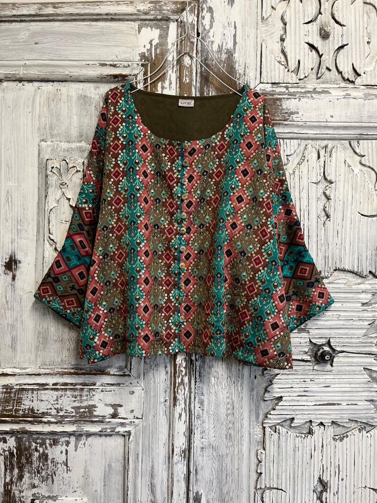 ikat desenli el işi süslemeli şık bluz