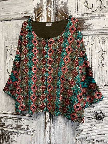 ikat desenli el işi süslemeli şık bluz