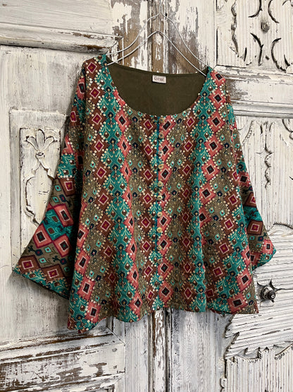ikat desenli el işi süslemeli şık bluz