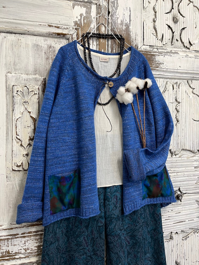 İnce Yün Detay Mavi Hırka