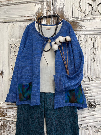 İnce Yün Detay Mavi Hırka