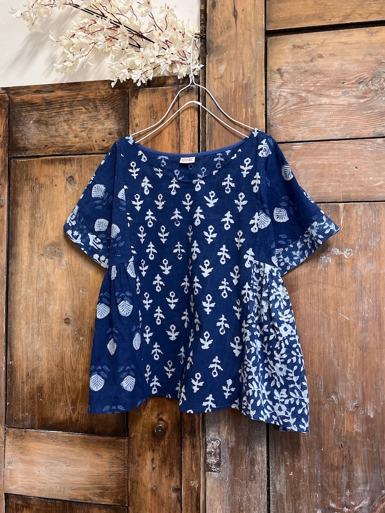 indigo patchwork kısa kollu bluz