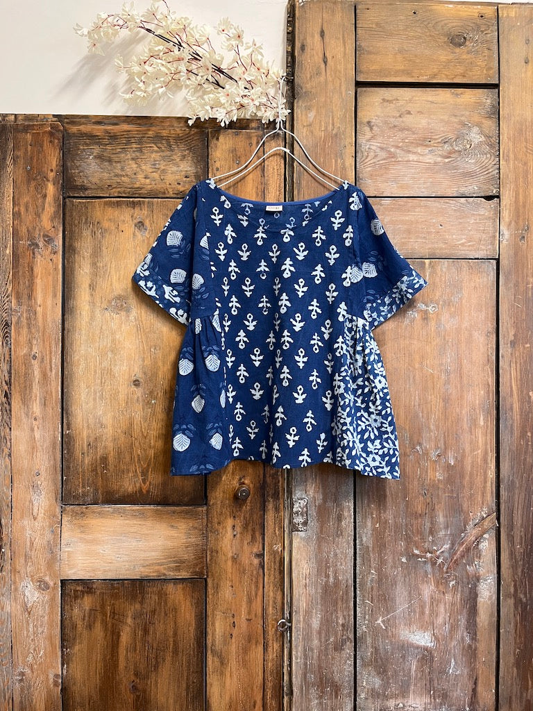 indigo patchwork kısa kollu bluz