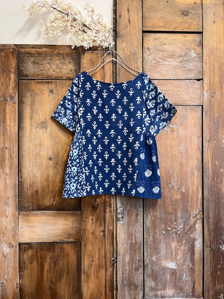 indigo patchwork kısa kollu bluz
