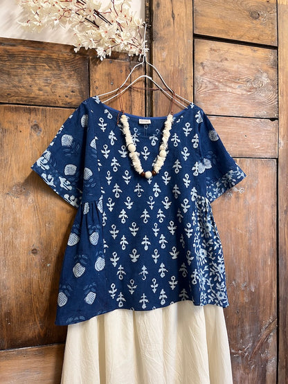 indigo patchwork kısa kollu bluz