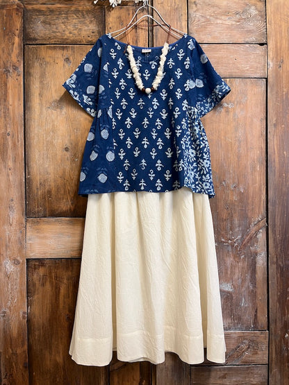 indigo patchwork kısa kollu bluz