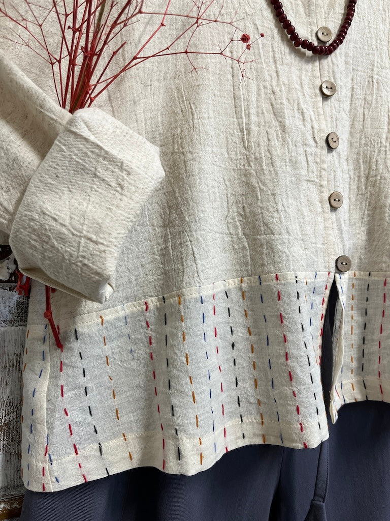 keten renkli işleme detay uzun kolllu ceket bluz