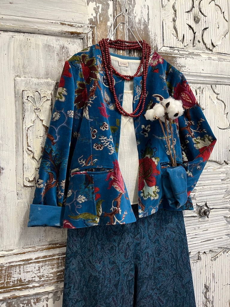 mavi desenli kadife klasik ceket