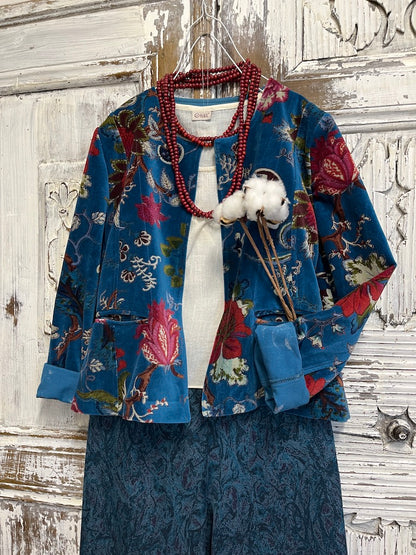 mavi desenli kadife klasik ceket