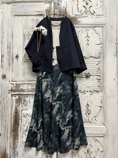 mavi çiçek desenli uzun verev etek