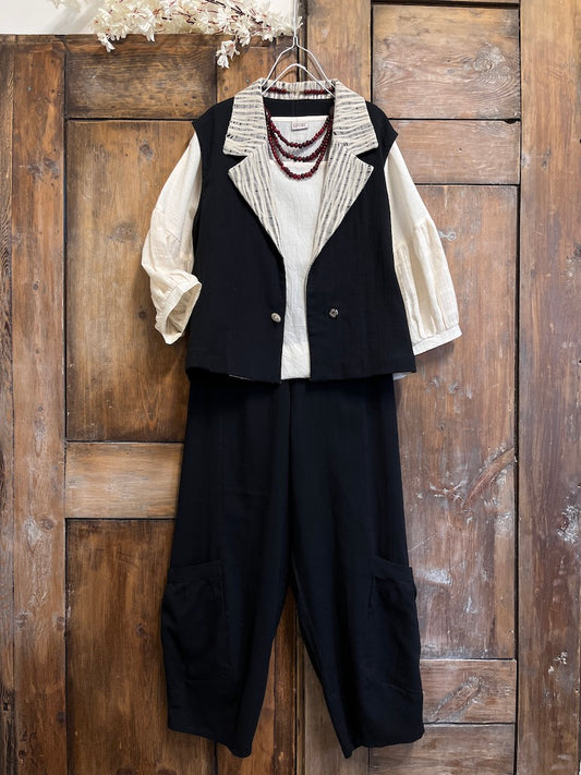 siyah keten cep detay pantolon 