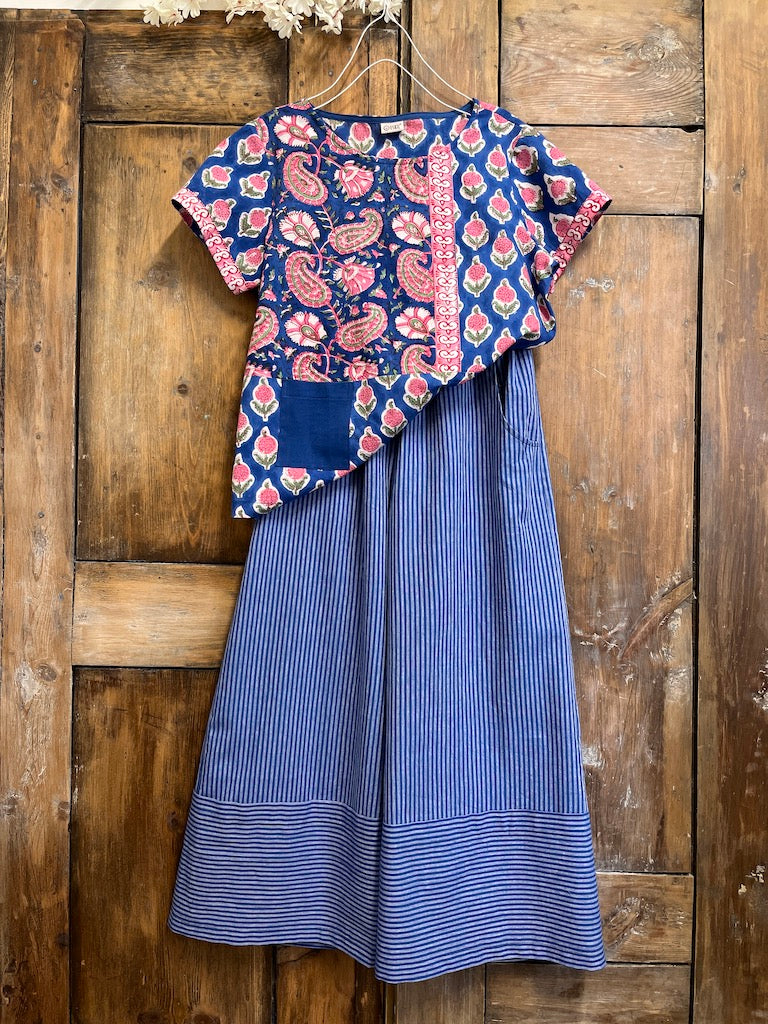 mavi çizgili el dokuma pamuklu geniş paça pantolon