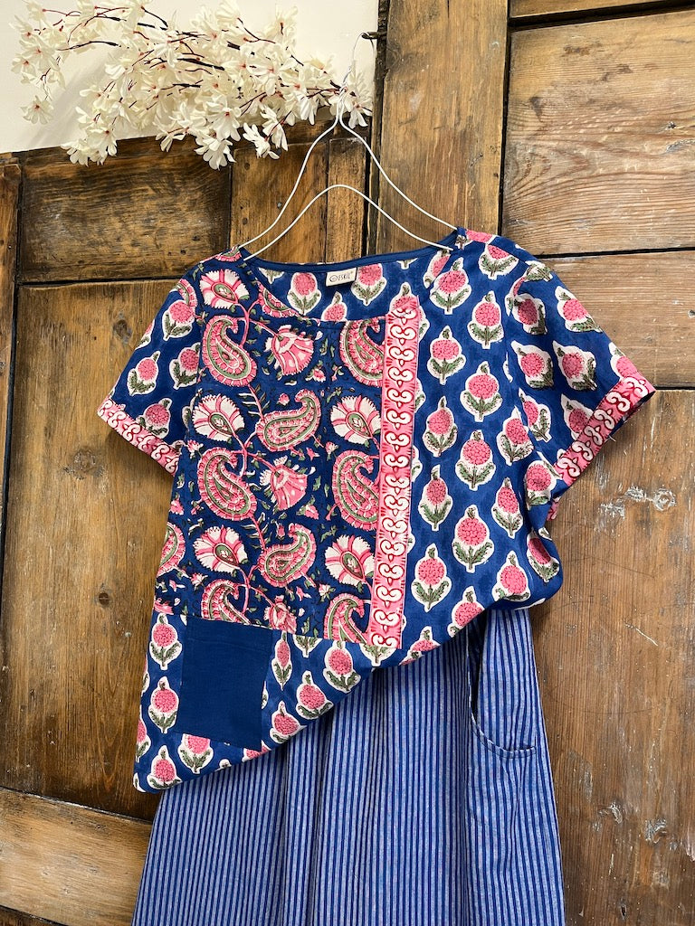 mavi çizgili el dokuma pamuklu geniş paça pantolon