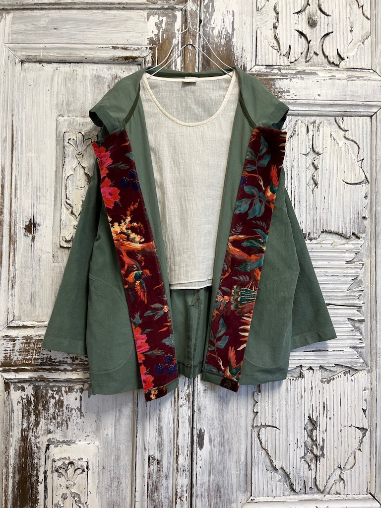 kapüşonlu fitilli kadife su yeşili ceket