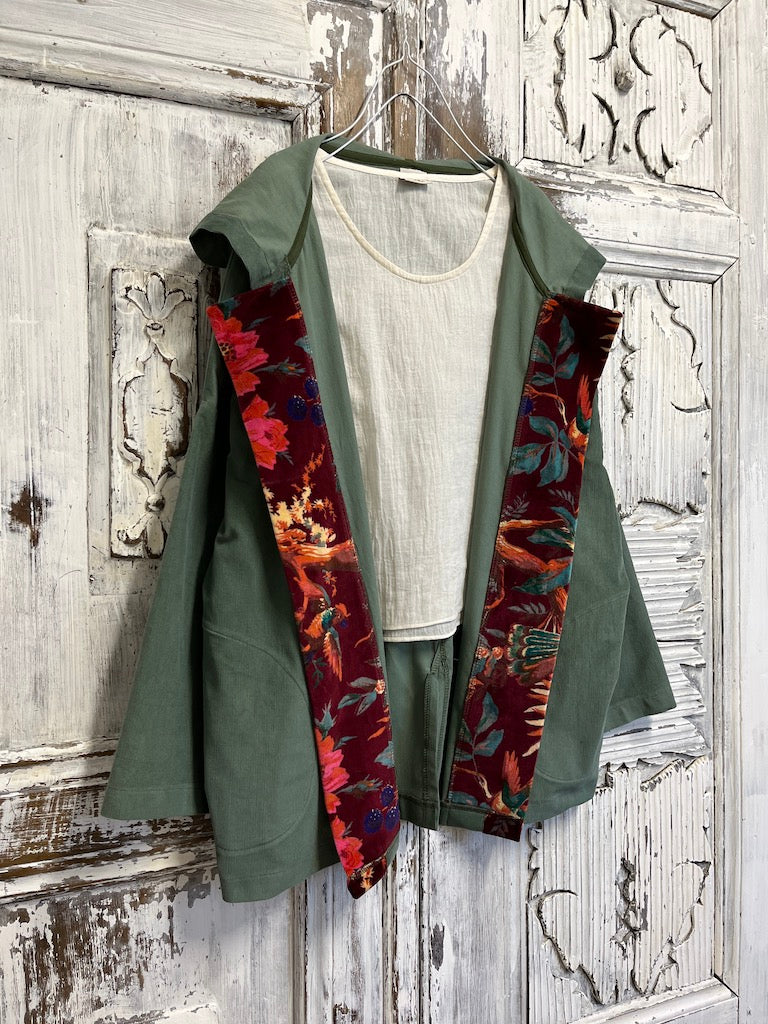 kapüşonlu fitilli kadife su yeşili ceket