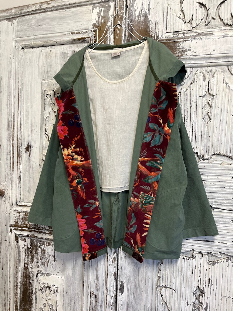 kapüşonlu fitilli kadife su yeşili ceket