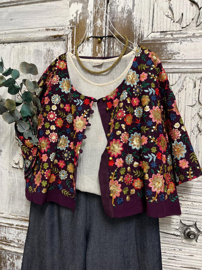 mor çiçek işlemeli şık ceket