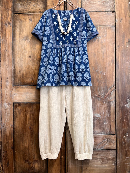 indigo pamuklu kısa kollu bluz