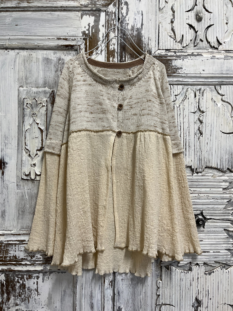 Triko roba detaylı, pamuklu dökümlü krem hırka