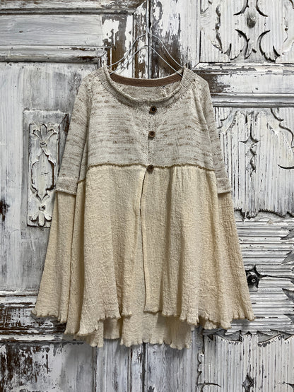 Triko roba detaylı, pamuklu dökümlü krem hırka