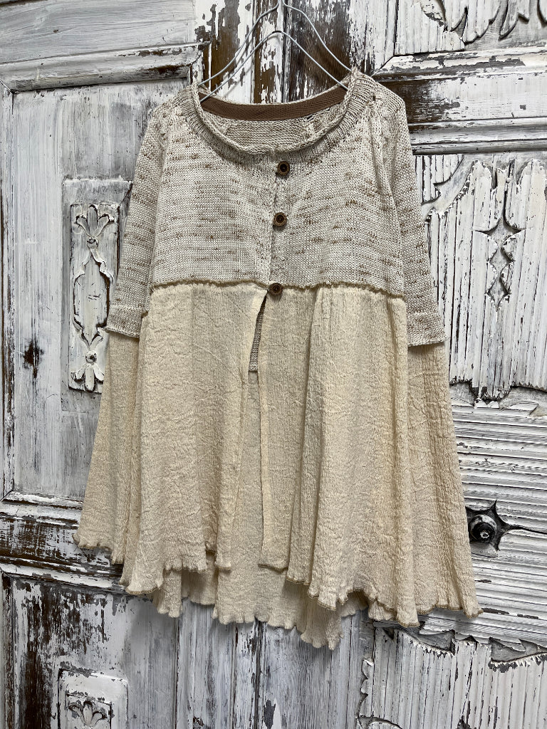 Triko roba detaylı, pamuklu dökümlü krem hırka