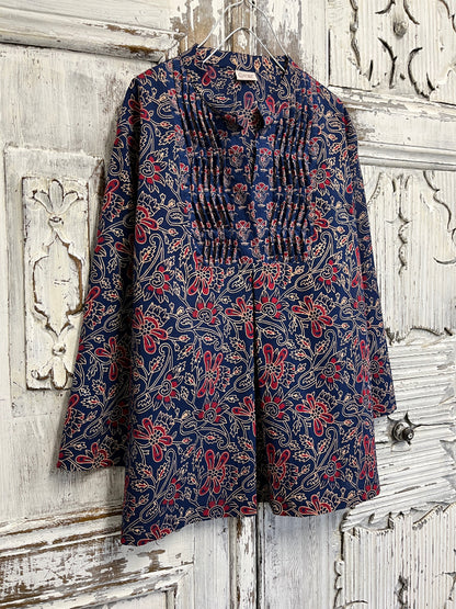 El baskı desen pamuklu ve nervürlü bluz