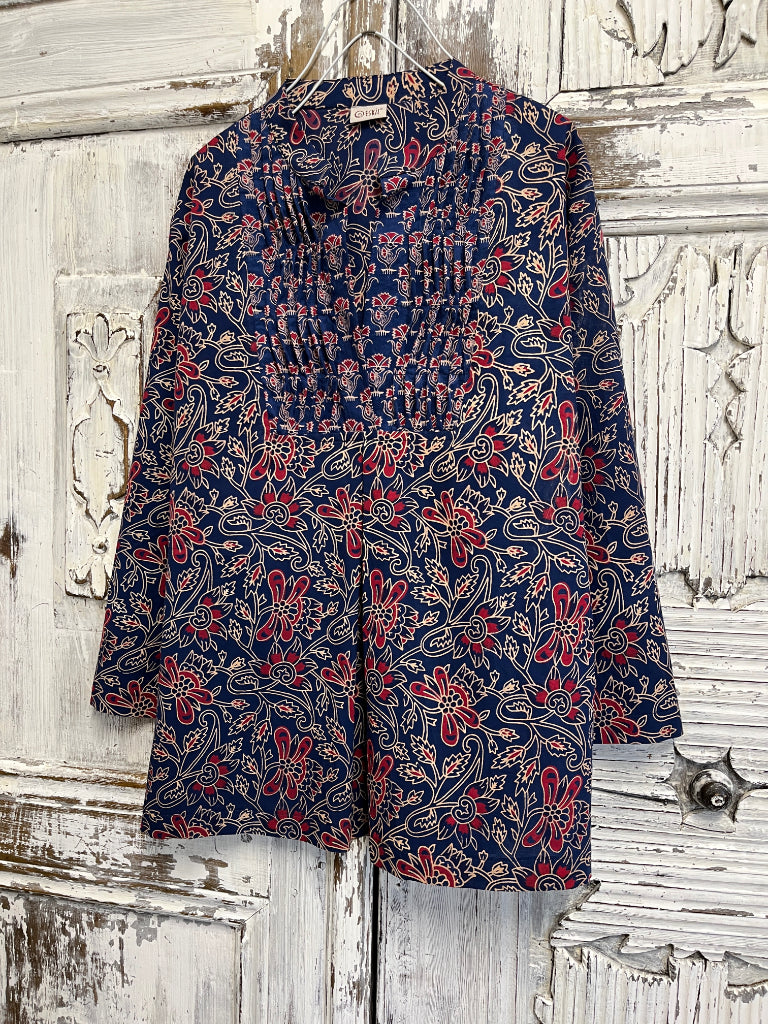 El baskı desen pamuklu ve nervürlü bluz