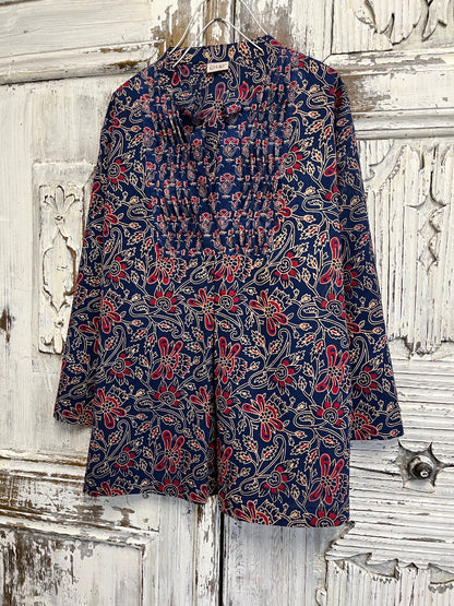 El baskı desen pamuklu ve nervürlü bluz