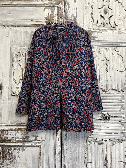 El baskı desen pamuklu ve nervürlü bluz