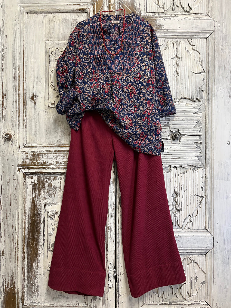 El baskı desen pamuklu ve nervürlü bluz