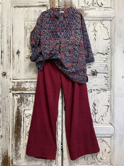 El baskı desen pamuklu ve nervürlü bluz