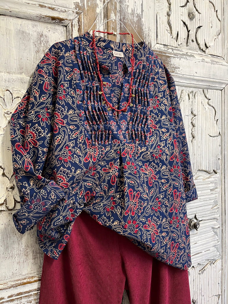 El baskı desen pamuklu ve nervürlü bluz